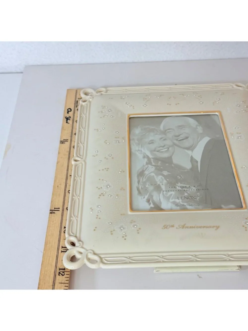 Lenox 50th Anniversary Picture Frame Vtg Ivory Porcelain Keepsake Gold Wedding